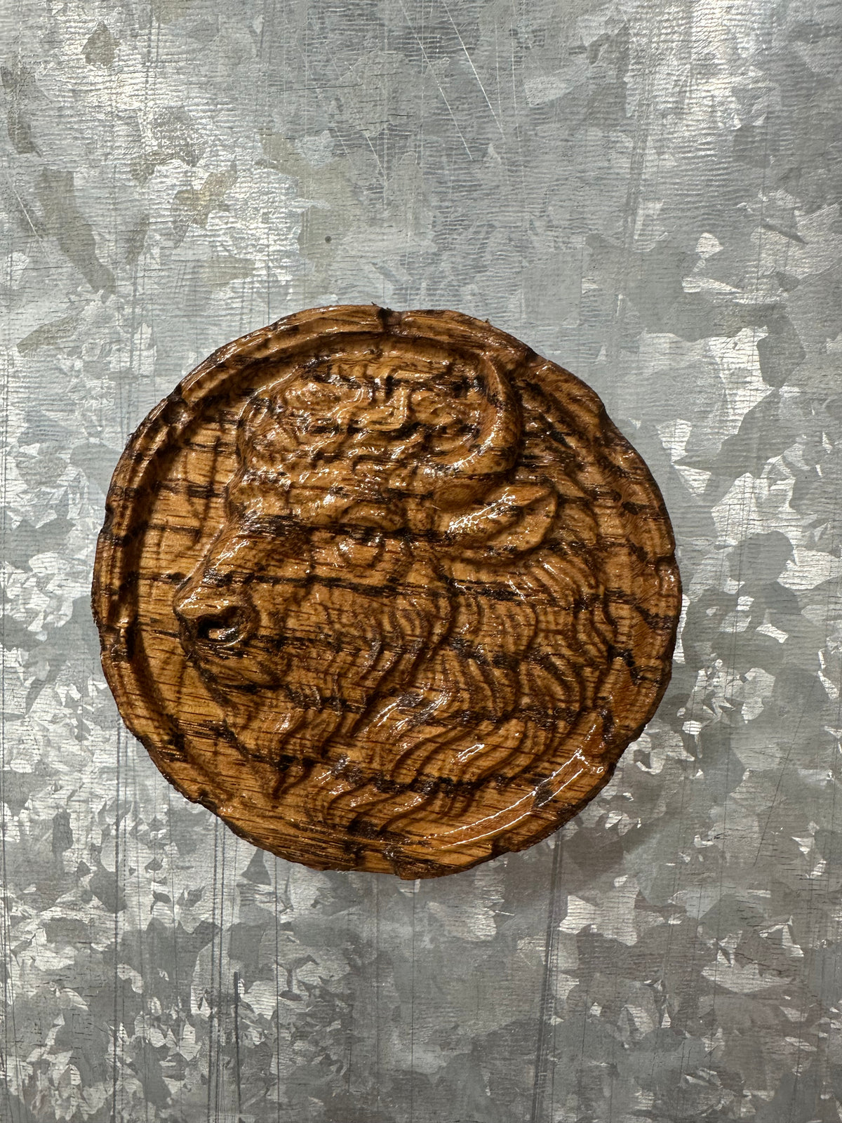 3D Carved Buffalo Magnet – Stained Red Oak