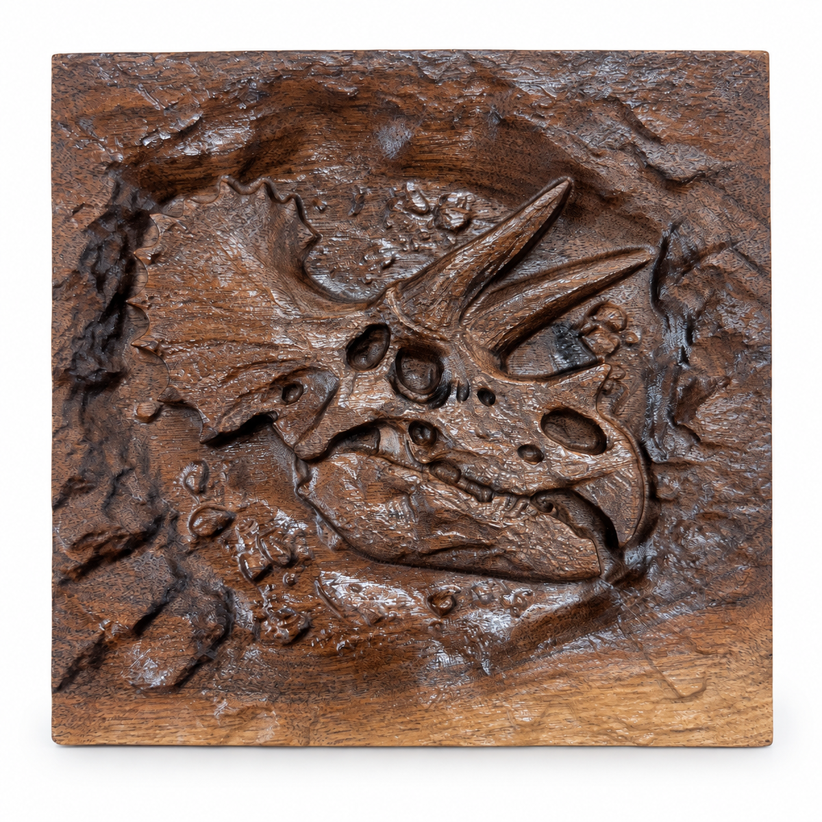Triceratops Skull Fossil Wood Carving – 7.5" Solid Walnut Dinosaur Wall Art