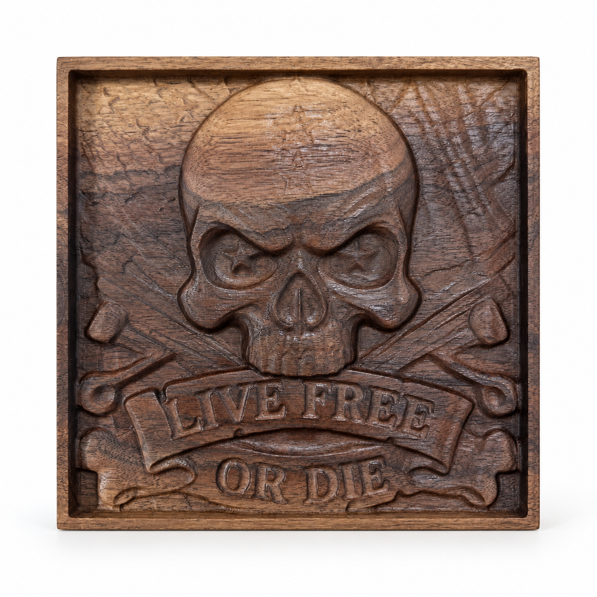 Live Free or Die Skull Wood Carving – 7.5" Solid Walnut Wall Art