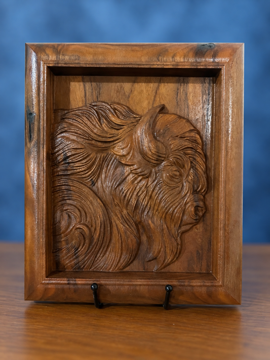 Bison Buffalo Head Carving - Solid Walnut