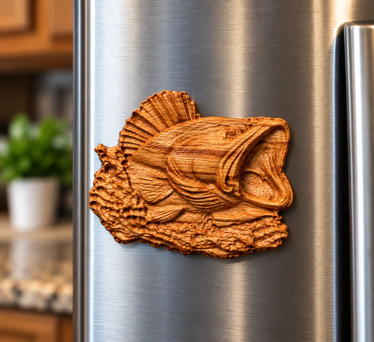 3D Carved Largemouth Bass Fishing Magnet in Red Oak