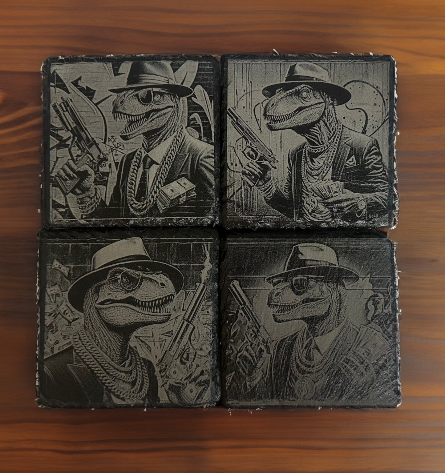 Gangster Raptors Slate Coasters