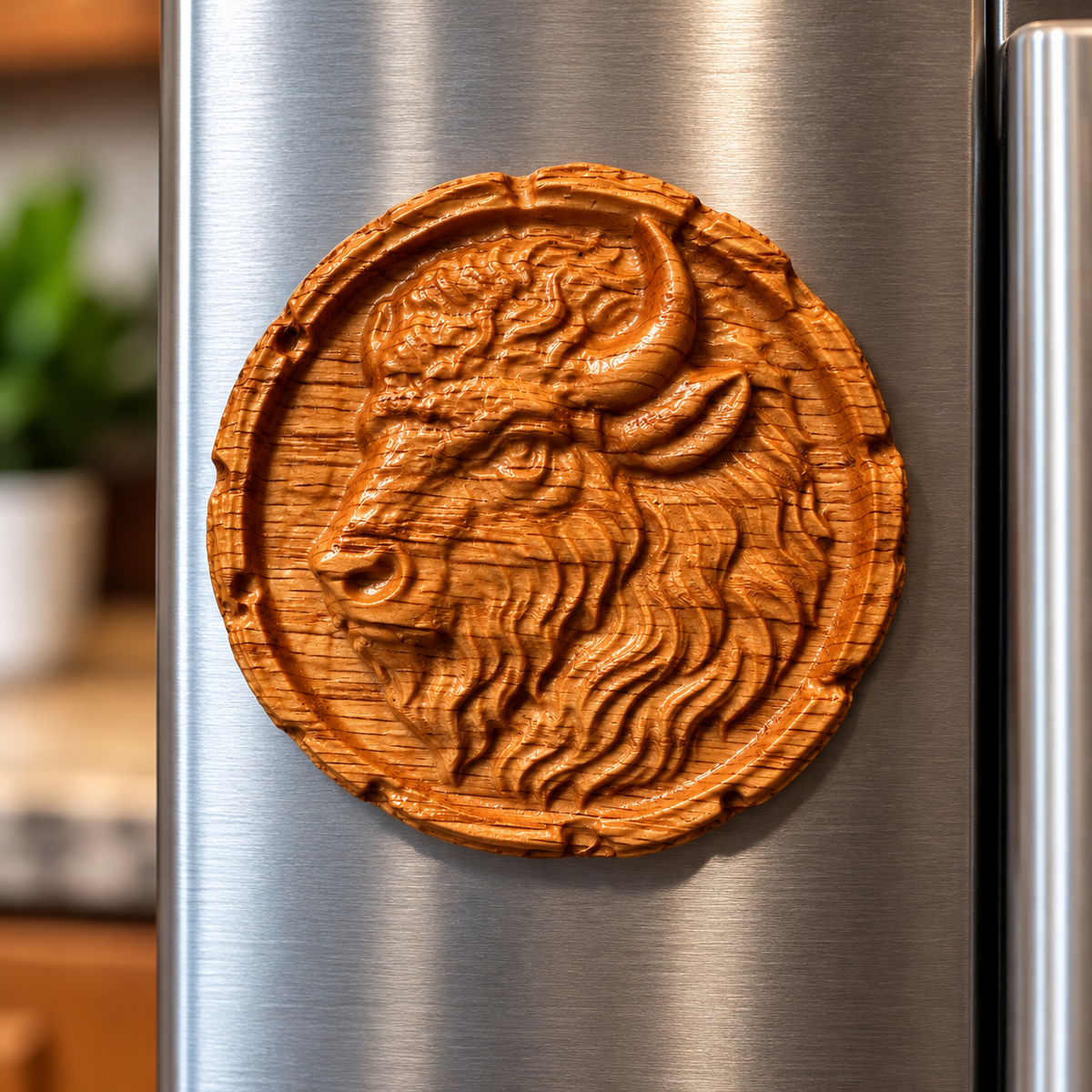 3D Carved Buffalo Magnet – Solid Red Oak