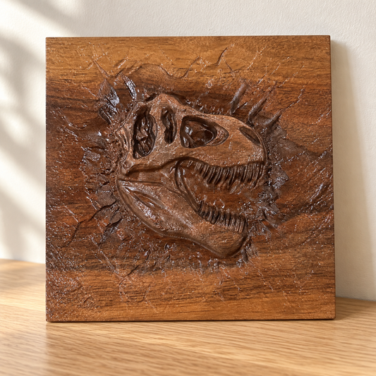 T-Rex Skull Fossil Wood Carving – 7.25" Solid Walnut Dinosaur Wall Art