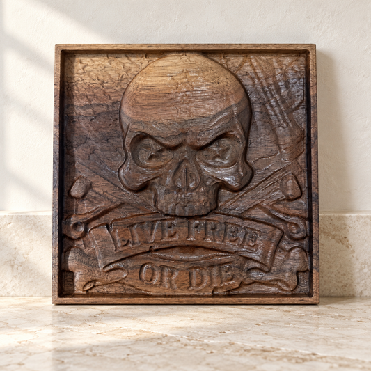 Live Free or Die Skull Wood Carving – 7.5" Solid Walnut Wall Art