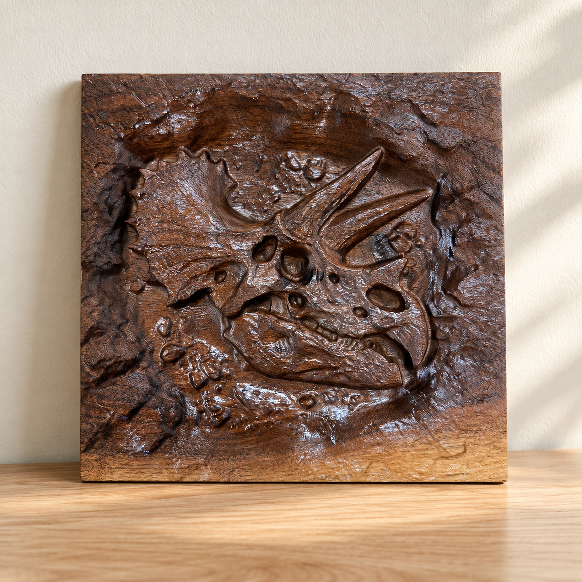 Triceratops Skull Fossil Wood Carving – 7.5" Solid Walnut Dinosaur Wall Art