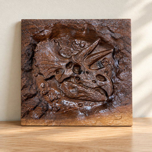 Triceratops Skull Fossil Wood Carving – 7.5" Solid Walnut Dinosaur Wall Art