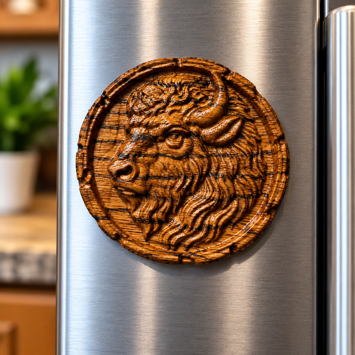 3D Carved Buffalo Magnet – Stained Red Oak
