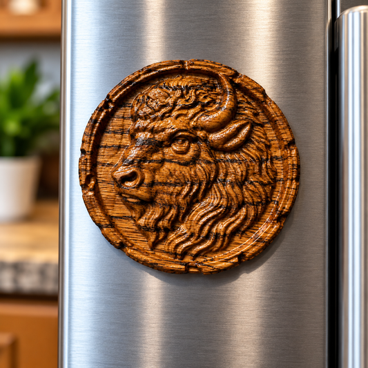 3D Carved Buffalo Magnet – Stained Red Oak